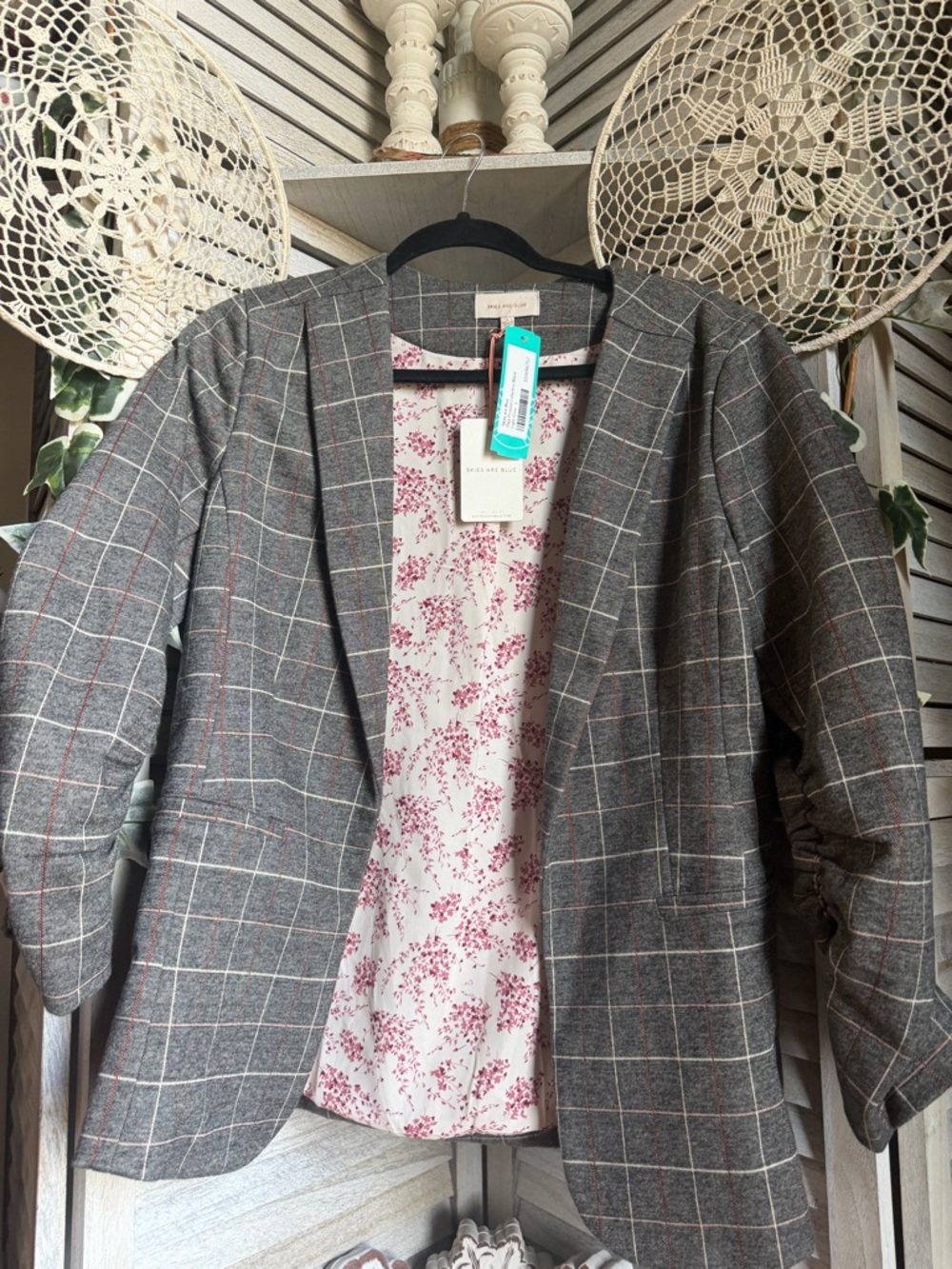 Skies Are Blue Grey Plaid Open Blazer with Pink Floral Lining